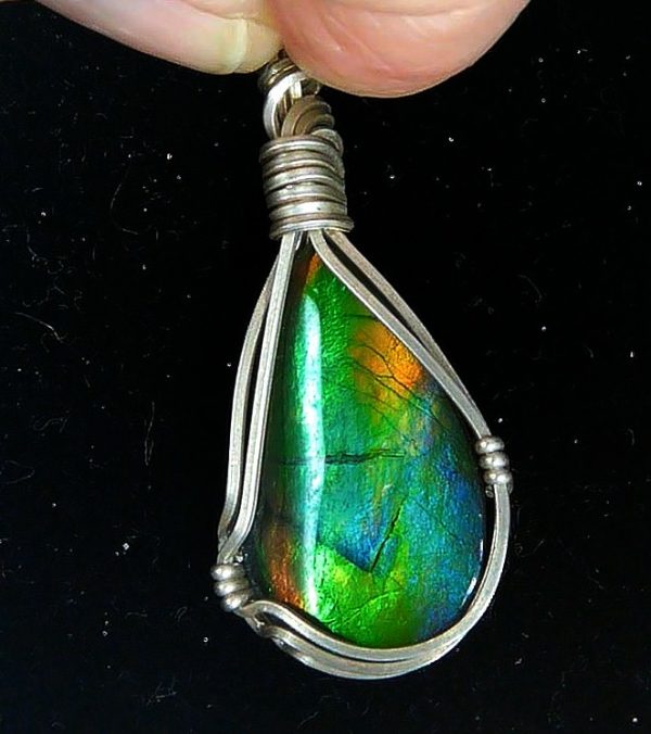 Gem Ammolite Pendant Argentium Silver Wire Wrapped 1b | Fossils for Sale