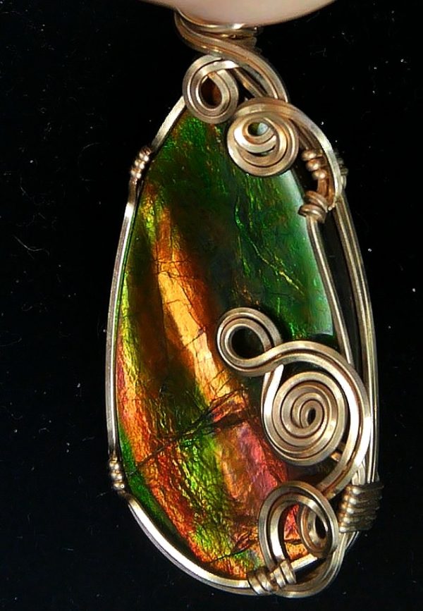 Gem Ammolite Pendant 14k Gold Wire Wrapped 8b | Fossils for Sale