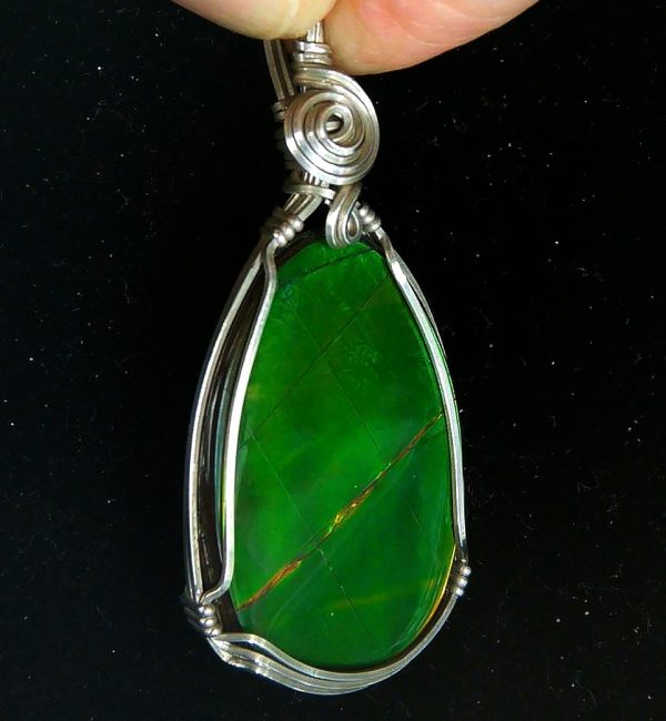 Gem Ammolite Pendant Argentium Silver Wire Wrapped 2a | Fossils for Sale