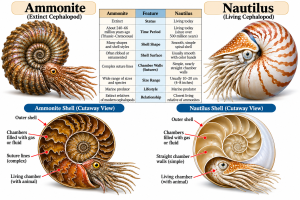 Ammonite vs Nautilus_ Shell Science | Fossils for Sale Ammonite compared to Nautilus